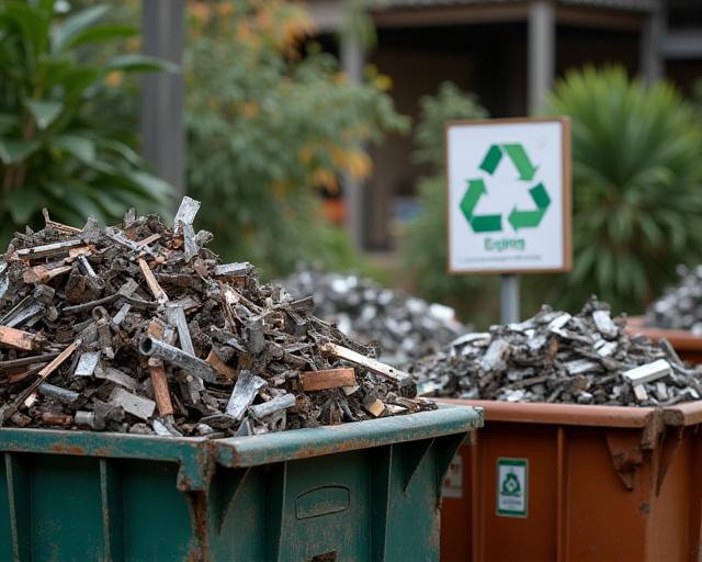 분리수거된 금속 스크랩과 친환경 인증 마크