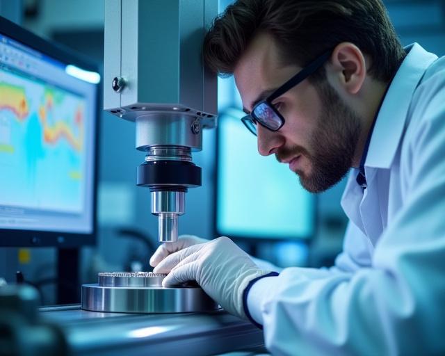 연구원이 3차원 측정기로 부품의 정밀도를 검사하는 모습